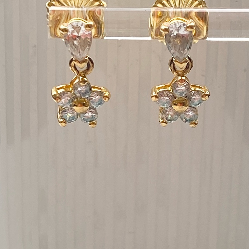 Gold and CZ Floral Earrings with New Backs on post - Picture 2 of 3